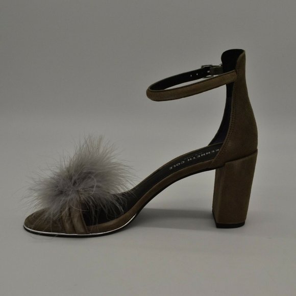 Kenneth Cole Lex Feather Pom Suede Sandals Heels - Picture 2 of 7